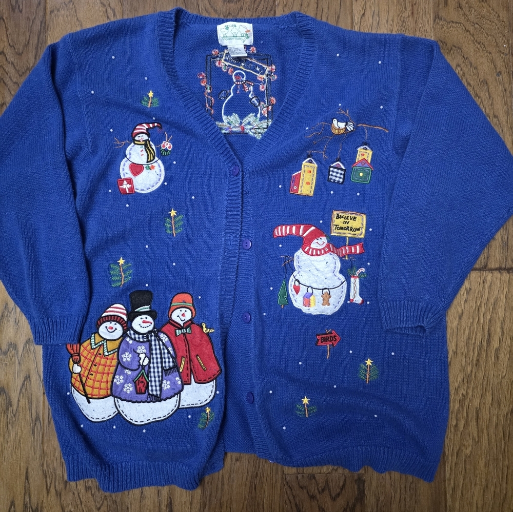 Quacker Factory Blue Snowman Cardigan sz 1x